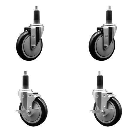 Service Caster 5'' SS Black Poly Wheel Swivel 1-1/8'' Expanding Stem Caster Set 2 Brakes, 4PK SCC-SSEX20S514-PPUB-BLK-2-TLB-2-118